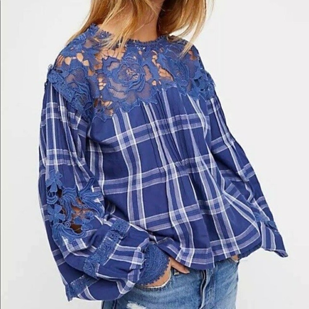 Free People Blue Plaid Darling Diana Top